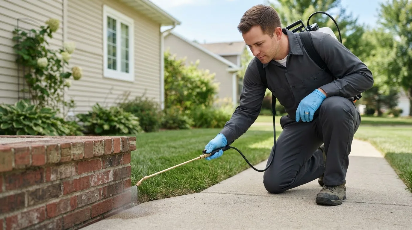 Pest control technician treating a home near Reynolds, IL