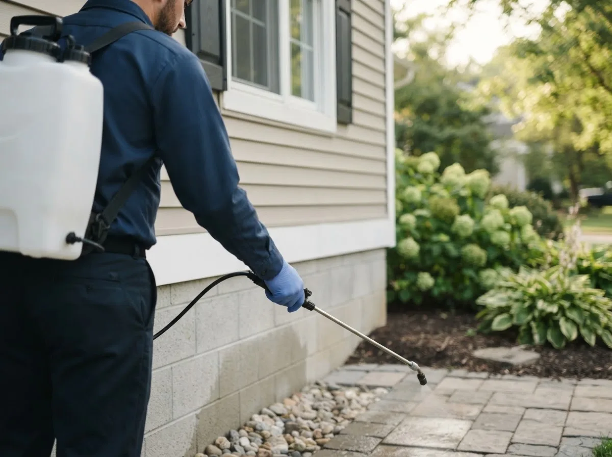 Pest control technician inspecting a home in Reynolds, IL